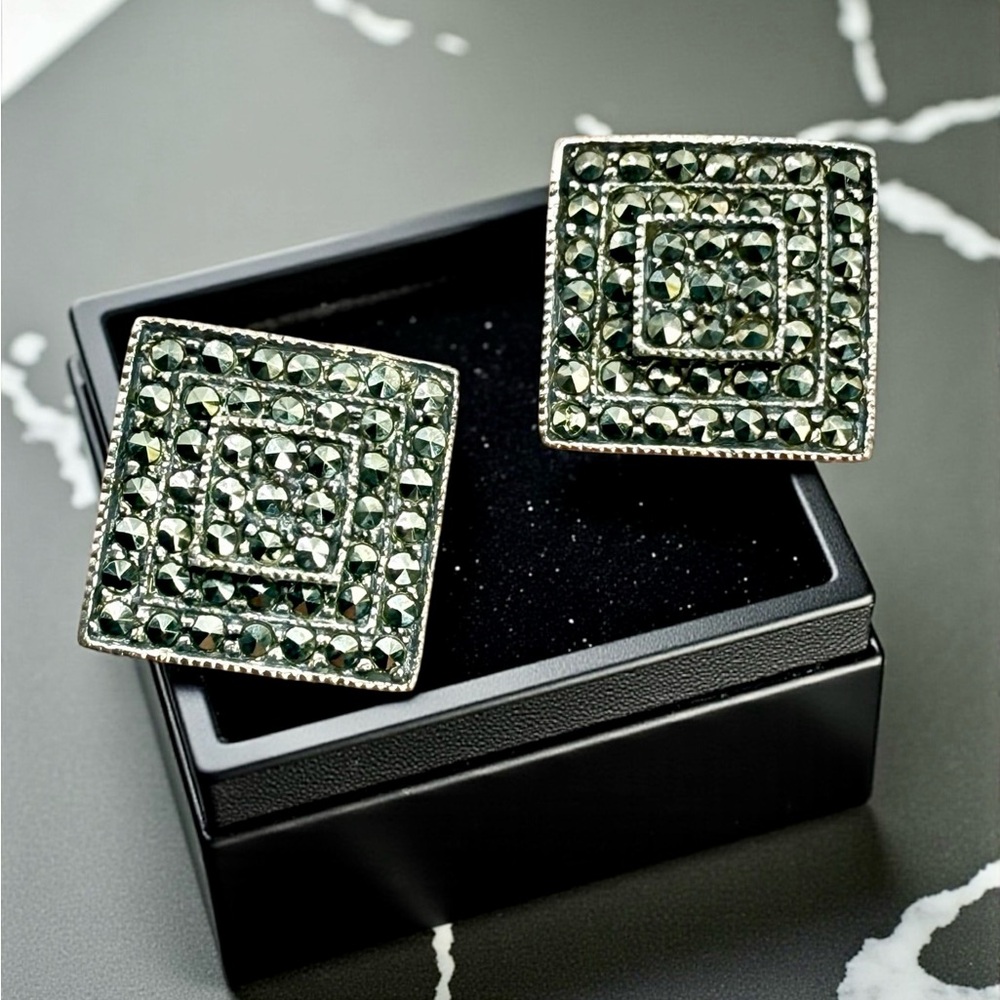 Vintage Sterling Silver 925 Marcasite Clip-On Earrings—Stunning